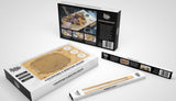 Bamboo chopping and serving board set with ceramic dipping pots and packaging, plus bamboo tongs.
