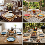 Bamboo placemats and coaster sets styled on dining tables in various settings, indoors and outdoors.