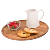 Acacia wooden serving tray with natural grain, holding a white jug, strawberries, and bagels