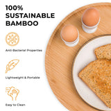 Large round bamboo serving tray with toast and eggs, highlighting antibacterial, lightweight properties