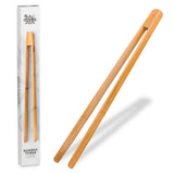 Eco-friendly bamboo kitchen tongs for cooking and serving, shown with packaging box.