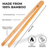 Bamboo tongs infographic marked 42cm long, with material and heat-resistance claims.