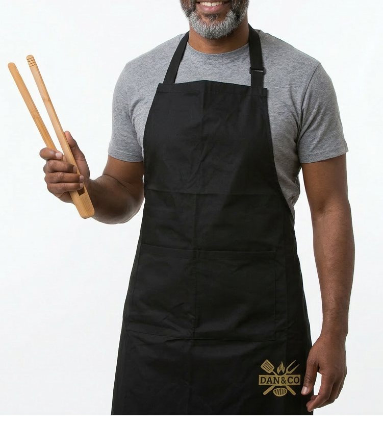 Man wearing a black kitchen apron holding bamboo tongs, logo on apron pocket