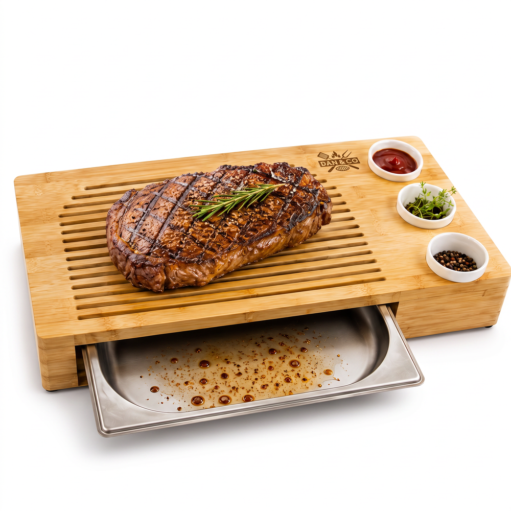 Dan&Co bamboo carving board, drip tray and ceramic pots