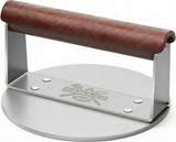 Stainless steel burger press with wooden handle for making homemade patties