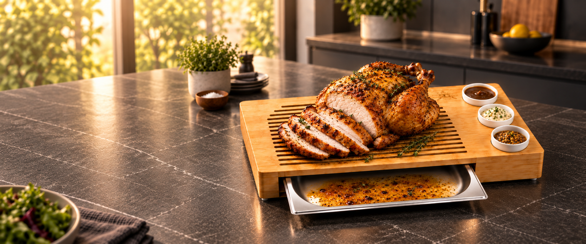 Roast turkey on the Dan&Co bamboo carving board with the drip tray extended
