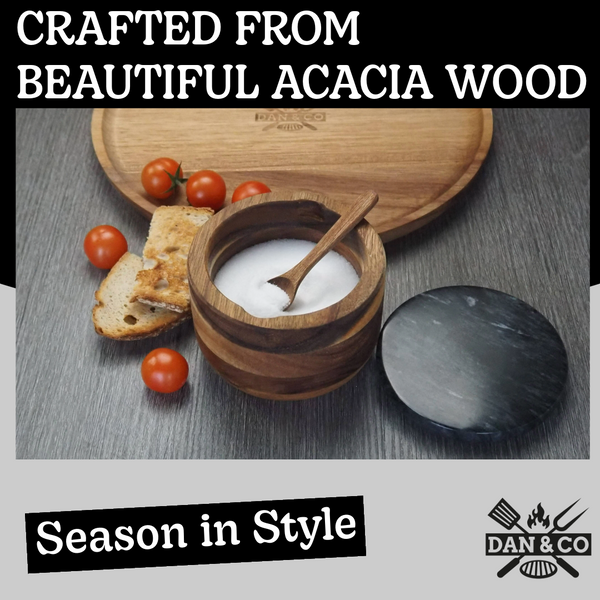 Acacia Wood Salt Cellar with Built in Spoon and Marble Lid