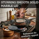 Stainless steel burger press used on a patty, with acacia salt cellar and marble lid beside the pan. Graphic heading: “Stunning smooth solid marble lid”.