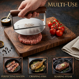 Hand using a metal grill press on burger patty on a wooden cutting board with tomatoes, plus cooking examples for bacon, fish, and steak.