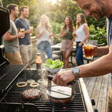 People enjoy outdoor barbecue with grill press, burgers, and drinks on wooden patio.