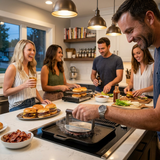 Friends making burgers in a modern kitchen with bamboo serving boards and platters