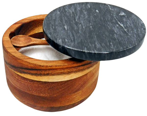 Acacia Wood Salt Cellar with Built in Spoon and Marble Lid