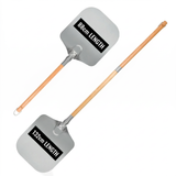 Two metal pizza peels with wooden handles, 88cm and 132cm lengths, on white background.