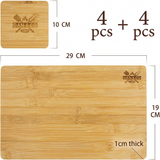 Bamboo placemat and coaster set, 4 pieces each, with size dimensions in centimeters.