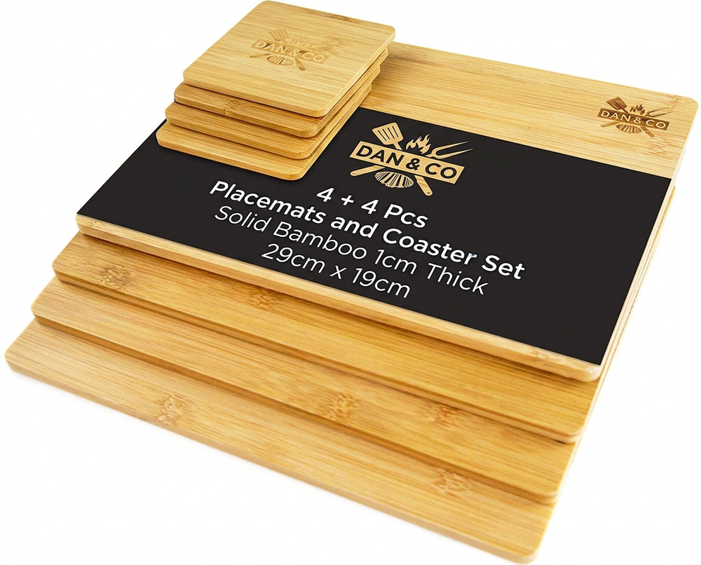 Bamboo placemats and coasters set, stack of rectangular and square pieces, engraved design