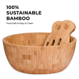 Large bamboo wooden salad bowl with matching salad servers, eco-friendly kitchenware