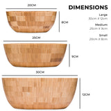 Set of three bamboo wooden salad bowls in small, medium, and large sizes with labeled dimensions