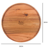 Round acacia wooden serving tray 30cm with natural wood grain and engraved center logo.