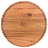 Round acacia wooden serving tray with natural wood grain and engraved center design