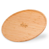 Large round bamboo wooden serving tray with engraved center, smooth surface and rim